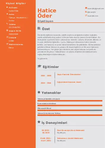 Beslenme Uzmanı Diyetisyen CV Örnekleri cv indir